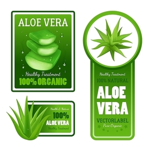 Pure organic natural green aloe vera leaves healthy treatment label banners with text set isolated realistic vector illustration