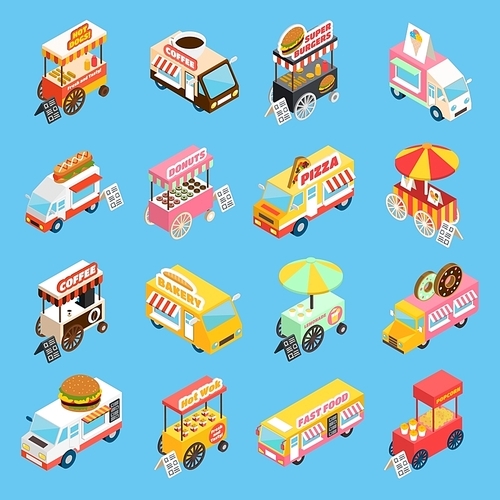 Street food trucks and carts selling hot dogs and wok dishes isometric icons set abstract isolated vector illustration