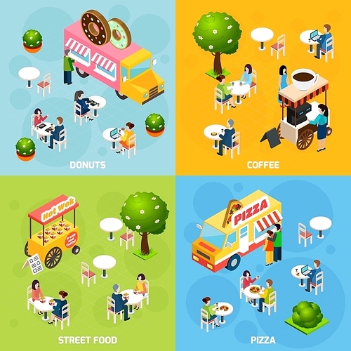 Street food trucks and carts selling donuts coffee and pizza 4 isometric icons square abstract isolated vector illustration
