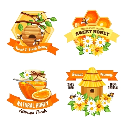 Advertising labels presenting sweet and fresh natural honey with hive bees honeycomb and  jar of honey vector illustration