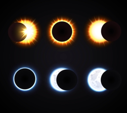 Different phases of sun and moon eclipse cartoon icons set on dark background isolated vector illustration