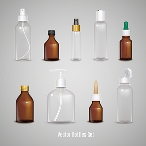 Images set of different transparent empty bottles using to package medicine or perfume realistic isolated vector illustration
