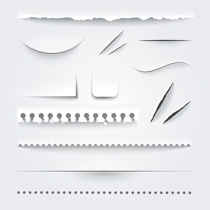 White paper perforated ripped torn jagged cut edges texture samples set realistic shadows vector illustration