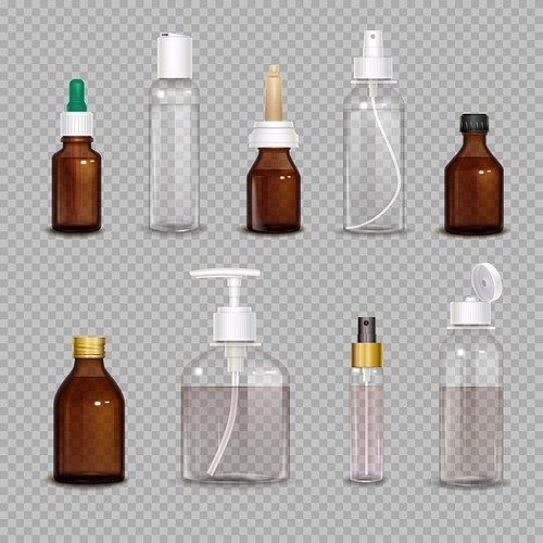 Realistic images set of different bottles for pharmaceutical or makeup means on transparent  isolated vector illustration