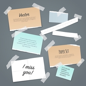 Paper set of different scraps of paper stuck by sticky tape on pale blue background vector illustration