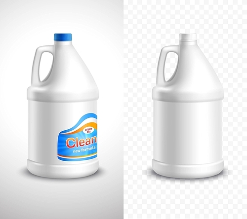 Product package design vertical banners with blank and labeled laundry detergent bottles on white and plaid s realistic isolated vector illustration