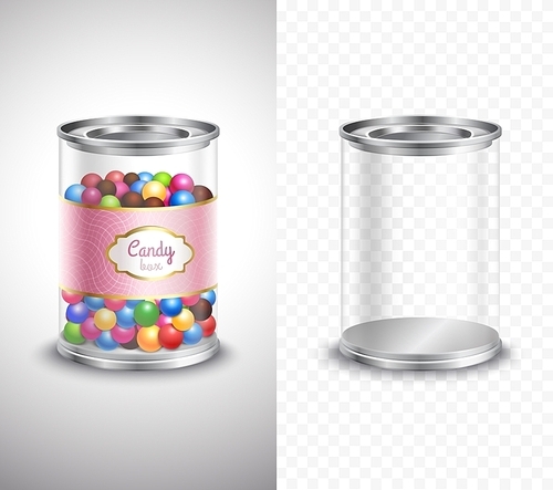 Vertical product package design of candy box with sweets and label and empty box banners on grey and plaid background realistic isolated vector illustration