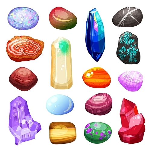 Bright multicolored crystal stones and rocks of different size and shape with various textures on white  cartoon isolated vector illustration