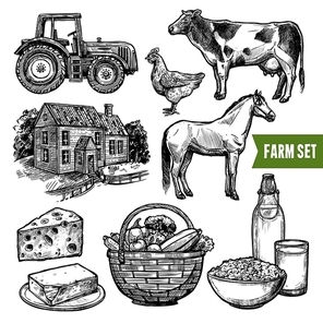 Black and white organic farm set with healthy food farm animals tractor and farmhouse on white background sketch hand drawn isolated vector illustration