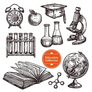 black and white education hand drawn sketch set with different tools for science and studying on white  isolated vector illustration