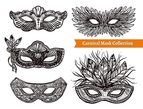 black and white carnival masks of different shape with feathers stones and other decorations hand drawn set on white  isolated vector illustration