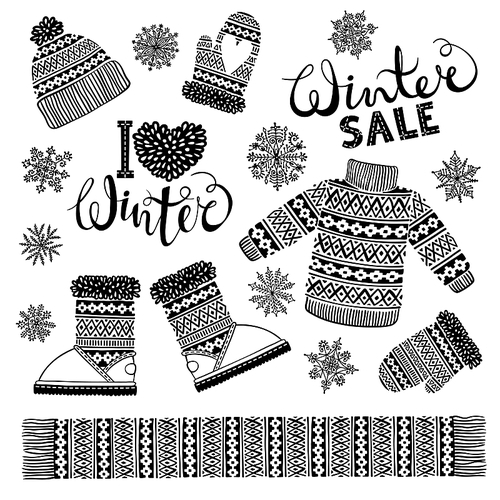set drawings knitted woolen clothing and footwear. sweater, hat, mitten, boot, scarf with s, snowflakes. winter sale shopping concept to design banners, price or label. isolated vector illustration.