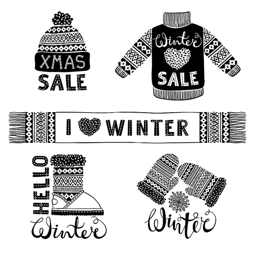 Set drawings knitted woolen clothing and footwear. Sweater, hat, mitten, boot, scarf with patterns. Winter sale shopping concept to design banners, price or label. Isolated vector illustration.