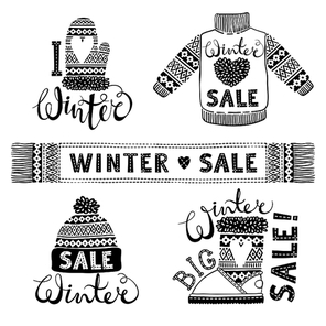 Set drawings knitted woolen clothing and footwear. Sweater, hat, mitten, boot, scarf, lettering. Winter sale shopping concept to design banners, price or label. Isolated vector illustration.