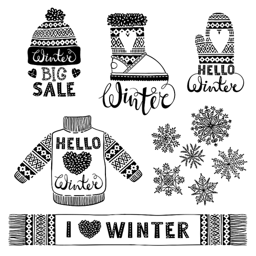 Set drawings knitted woolen clothing and footwear. Sweater, hat, mitten, boot, scarf with patterns, snowflakes. Winter sale shopping concept to design banners, price or label. Isolated vector illustration.