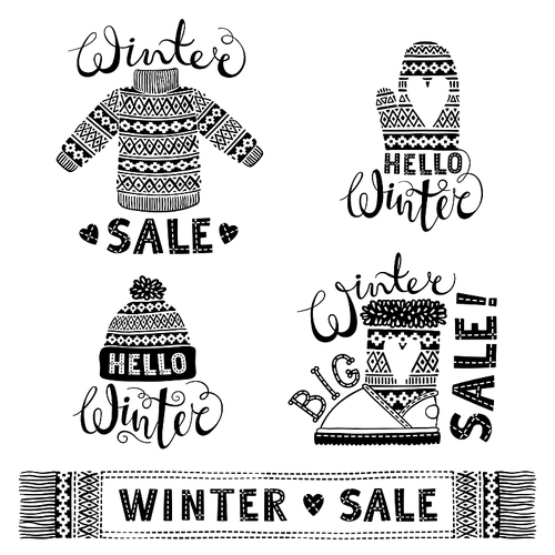 Set drawings knitted woolen clothing and footwear. Sweater, hat, mitten, boot, scarf, lettering. Winter sale shopping concept to design banners, price or label. Isolated vector illustration.