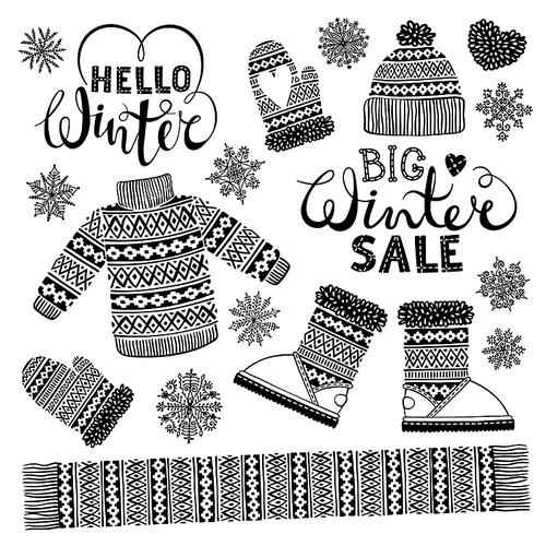 Set drawings knitted woolen clothing and footwear. Sweater, hat, mitten, boot, scarf, lettering. Winter sale shopping concept to design banners, price or label. Isolated vector illustration.