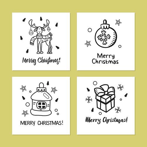 A set of Christmas cards drawn by hand. Happy new year! Merry Christmas! Cute Christmas pictures for your greeting.