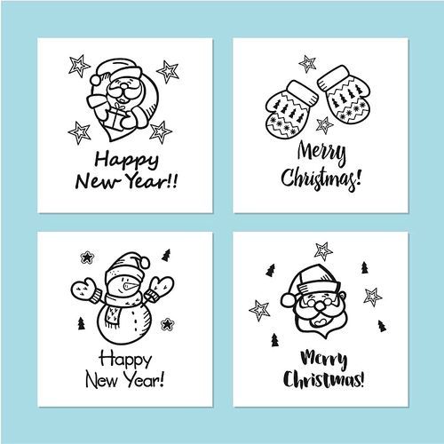 A set of Christmas cards drawn by hand. Happy new year! Merry Christmas! Cute Christmas pictures for your greeting.