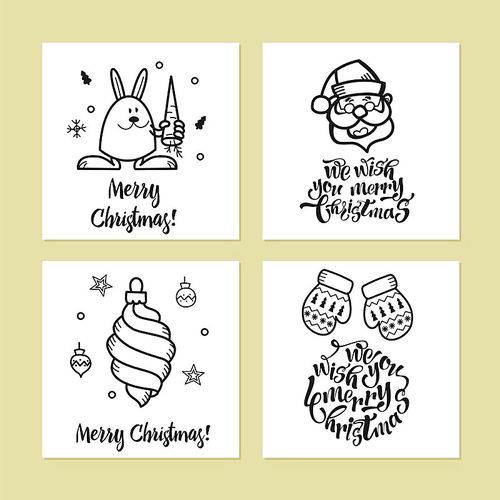 A set of Christmas cards drawn by hand. Happy new year! Merry Christmas! Cute Christmas pictures for your greeting.