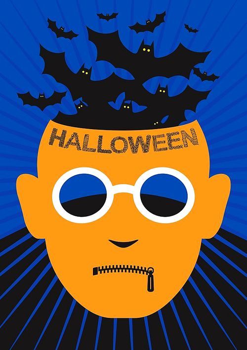 Halloween background and greeting or invitation card with orange horror face, zipper on lips, glasses and bats flying out of head against dark background.