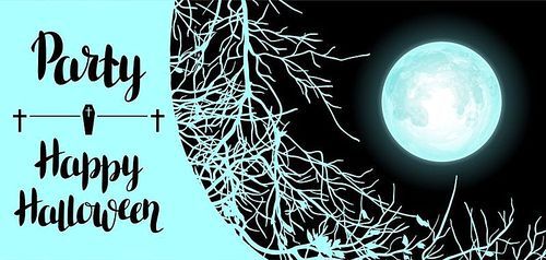 Halloween background with moon and tree branches. Invitation to party or greeting card.