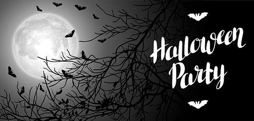 Halloween background with moon and tree branches. Invitation to party or greeting card.