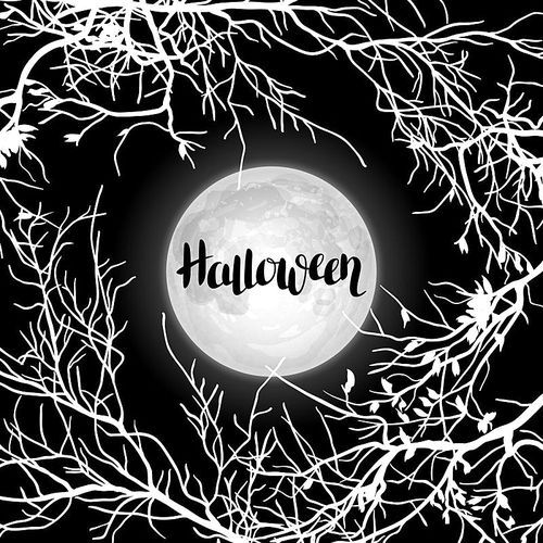 Halloween background with moon and tree branches. Invitation to party or greeting card.