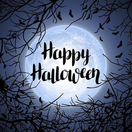 Halloween background with moon and tree branches. Invitation to party or greeting card.