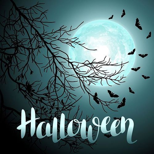 Halloween background with moon and tree branches. Invitation to party or greeting card.