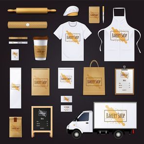 Traditional bakery shop corporate identity template with pastry dough rolling pin design black background realistic vector illustration
