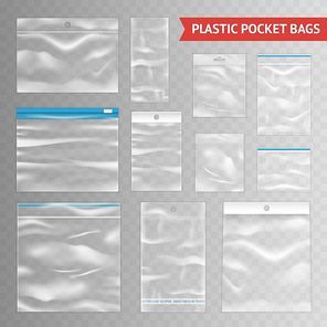 Reclosable resealable zipper clear plastic pocket bags assortment realistic collection on transparent background vector illustration