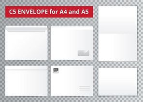 Office documents template set with isolated blank paper sheet and mail envelope images on transparent background vector illustration