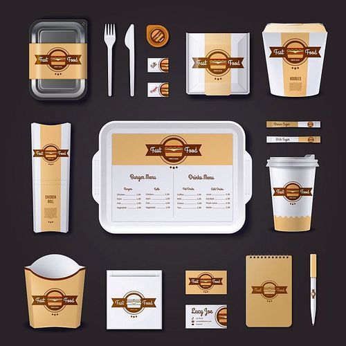 fastfood restaurant corporate design with plastic and paper packaging and stationery on black  isolated vector illustration