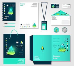 Corporate identity design with gradient green polygonal crystals elements items set with envelope card badge vector illustration