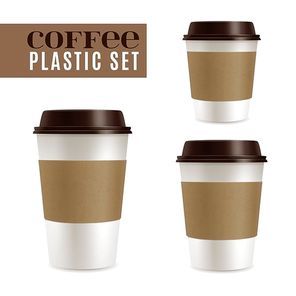 Fresh hot coffee covers realistic set isolated vector illustration