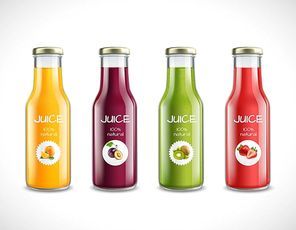 Set of glossy glass bottles with natural fruit juice from orange, plum, kiwi, strawberry isolated vector illustration