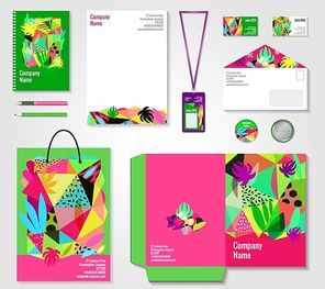Floral corporate identity bright colorful modern templates collection with badge bag pen and documents folder vector illustration