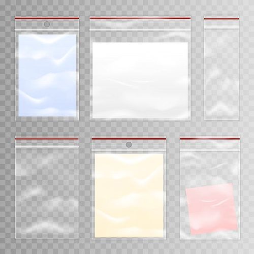Realistic colored full and empty plastic bag icon set on transparent background vector illustration