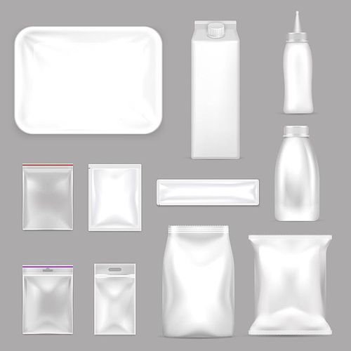 Colored blank food packaging realistic icon set with zip lock bags in different sizes vector illustration