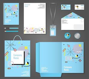 Set of stationery corporate identity memphis style including letterhead notepad business card and badge isolated vector illustration