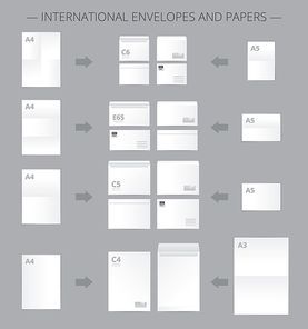 Paper documents set with realistic images of mail envelopes and suitable blank paper sheets connected by arrows vector illustration