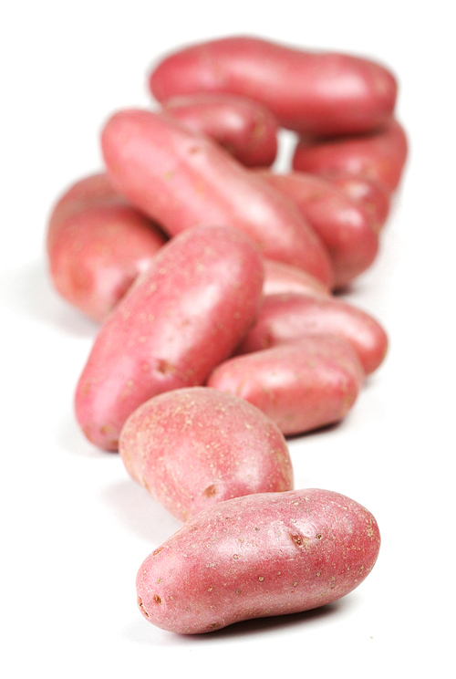 Close up of red potatoes on white background