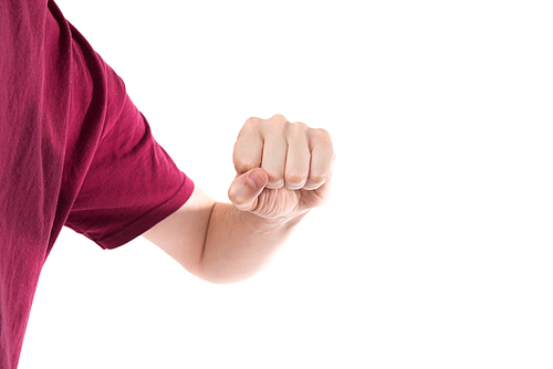 Man in t-shirt with clenched fist isoalted on white background