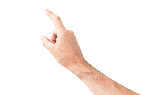 Female hand touching or pointing finger to something isolated on white