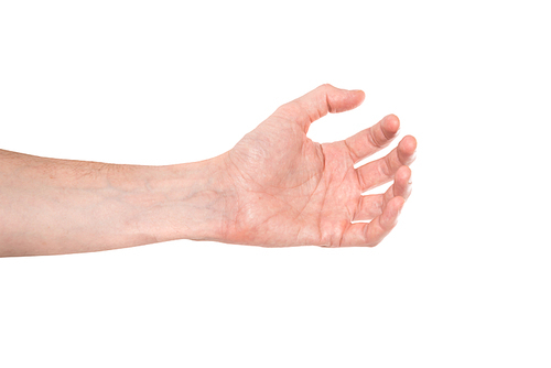 Hand holding something isolated on white