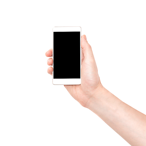 hand holding smartphone with  screen isolated on white