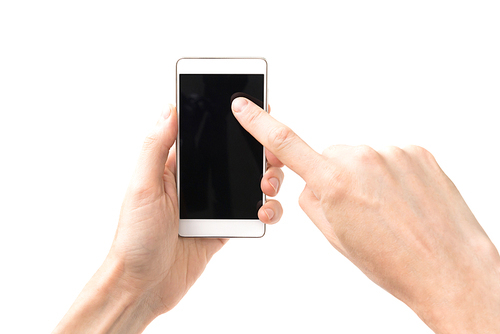 Hands touching smartphone with black screen isolated on white