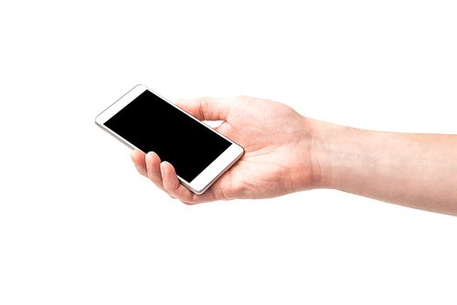 Hand holding smartphone with black screen isolated on white