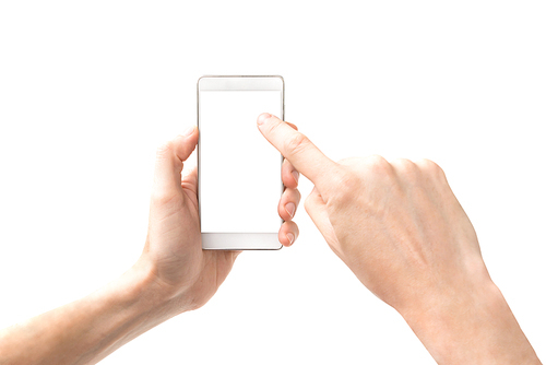 Hands touching smartphone with white screen isolated on white